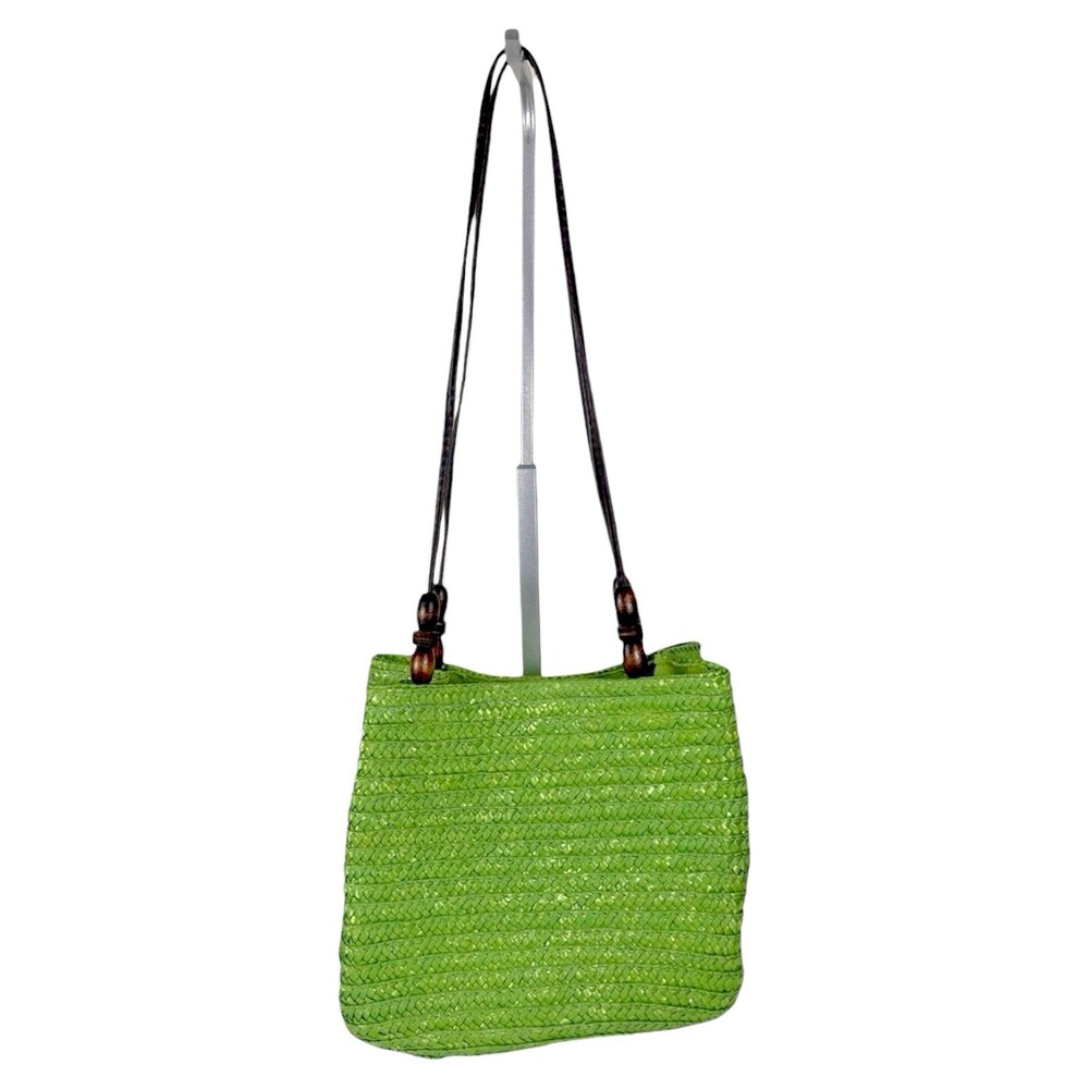 Vintage St. John’s Bay Lime Green Wheat Straw Shoulder Bag Purse Wood Beads Boho
